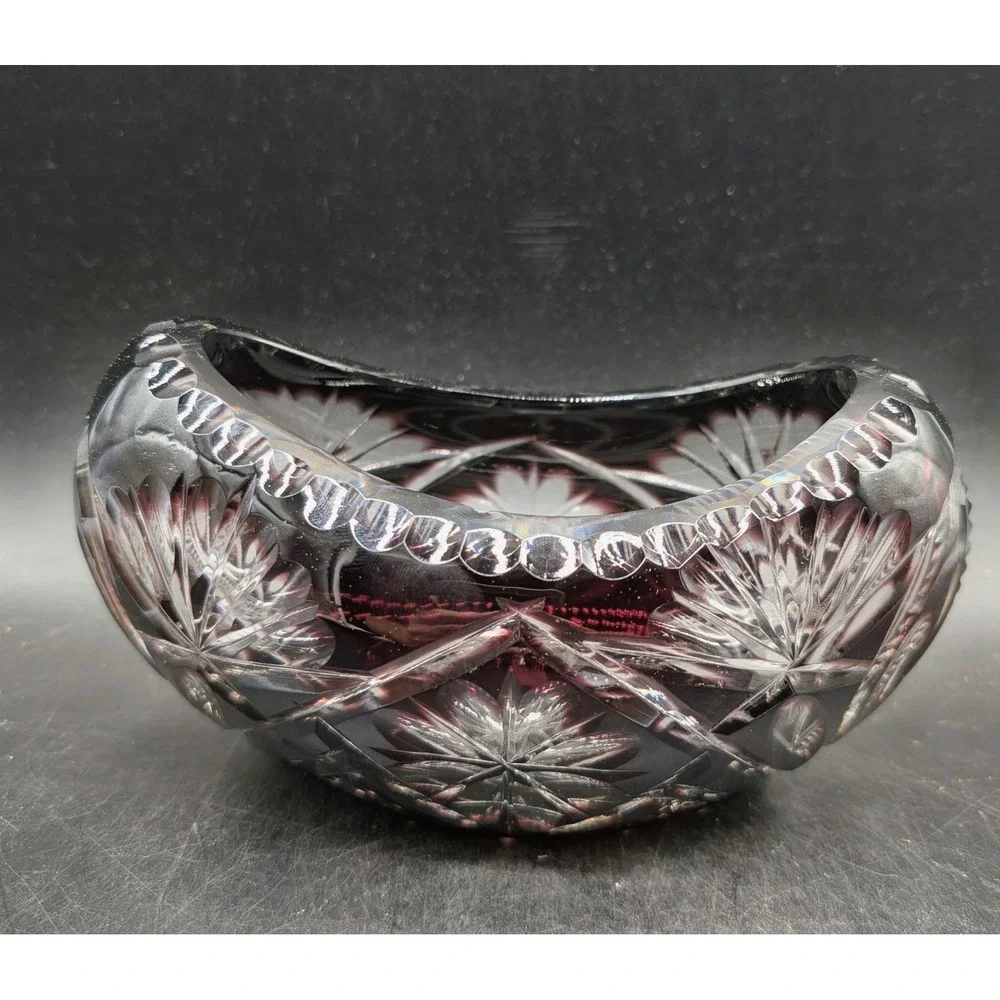 Amethyst Purple Cut to Clear Crystal Oval Bowl Scalloped Starburst Floral 7
